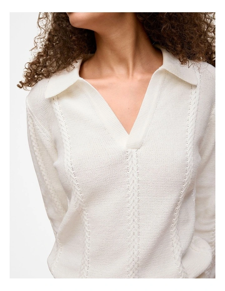 Cotton Cable Knit Polo in Off White image 3