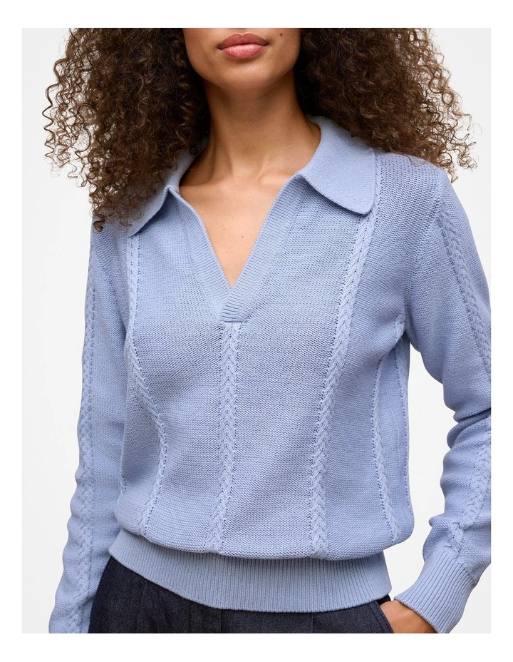 Cotton Cable Knit Polo in Dove Blue image 3