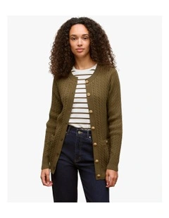 Cotton Cable Knit Longline Cardigan in Dark Khaki