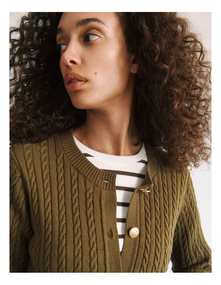 Cotton Cable Knit Longline Cardigan in Dark Khaki image 2