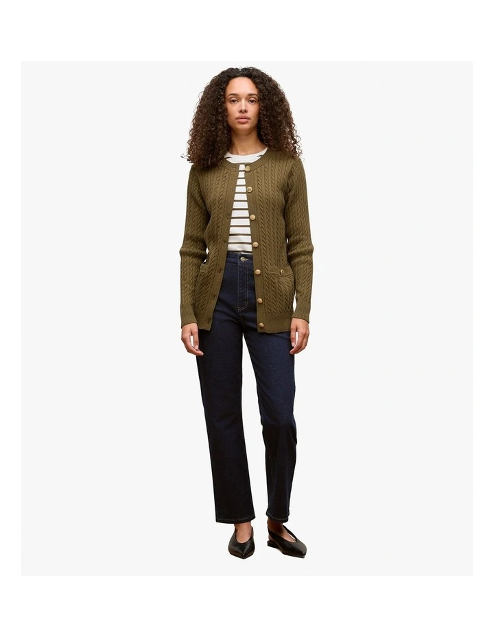Cotton Cable Knit Longline Cardigan in Dark Khaki image 3