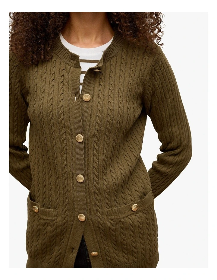 Cotton Cable Knit Longline Cardigan in Dark Khaki image 4