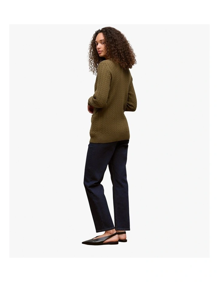 Cotton Cable Knit Longline Cardigan in Dark Khaki image 5