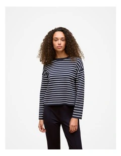 Cotton Crepe Stripe Crew Knit in Night Sky