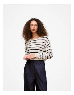 Cotton Linen Stripe Crew Knit in Night Sky