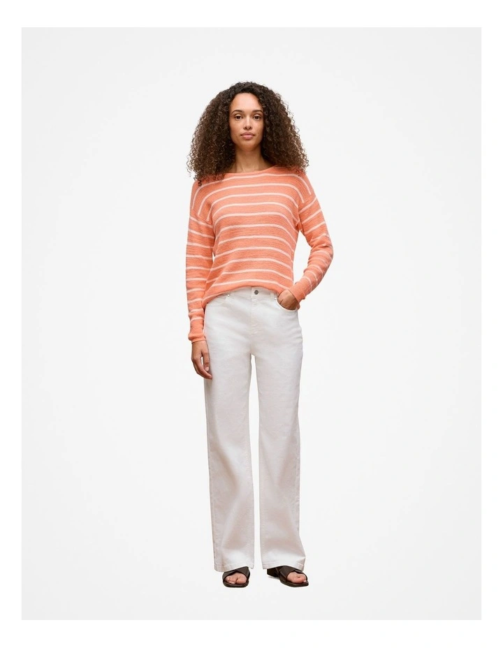 Cotton Linen Stripe Crew Knit in Peach Pink image 2