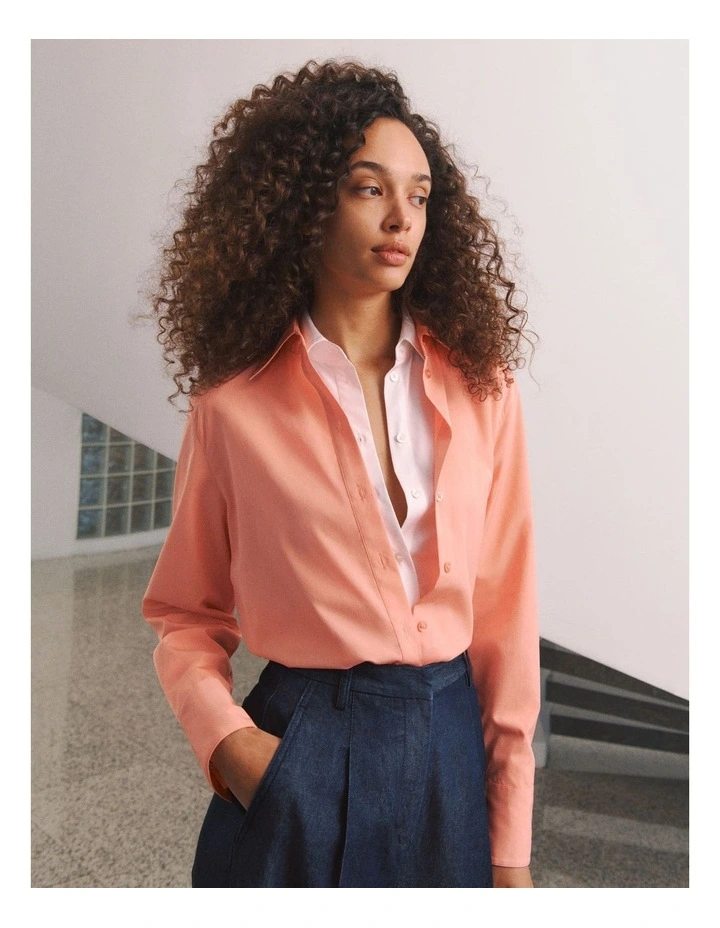 Cotton Poplin Long Sleeve Shirt in Peach Pink image 2