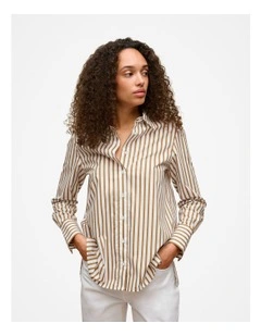 Cotton Poplin Stripe Long Sleeve Shirt in Golden Brown