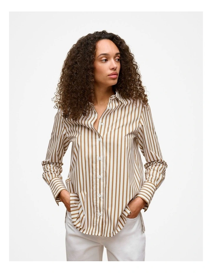 Cotton Poplin Stripe Long Sleeve Shirt in Golden Brown image 1