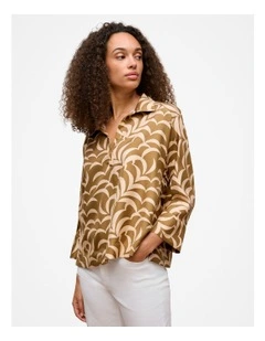 Fern Leaf Silk Popover Shirt in Golden Brown