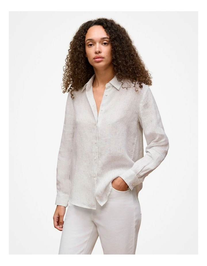 Linen Stripe Long Sleeve Shirt in White image 1
