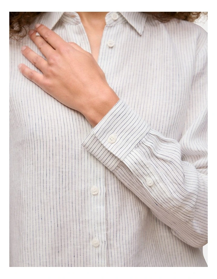 Linen Stripe Long Sleeve Shirt in White image 3