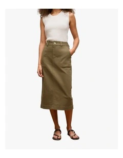 Australian Cotton Blend Denim Tailored Skirt in Dark Khaki