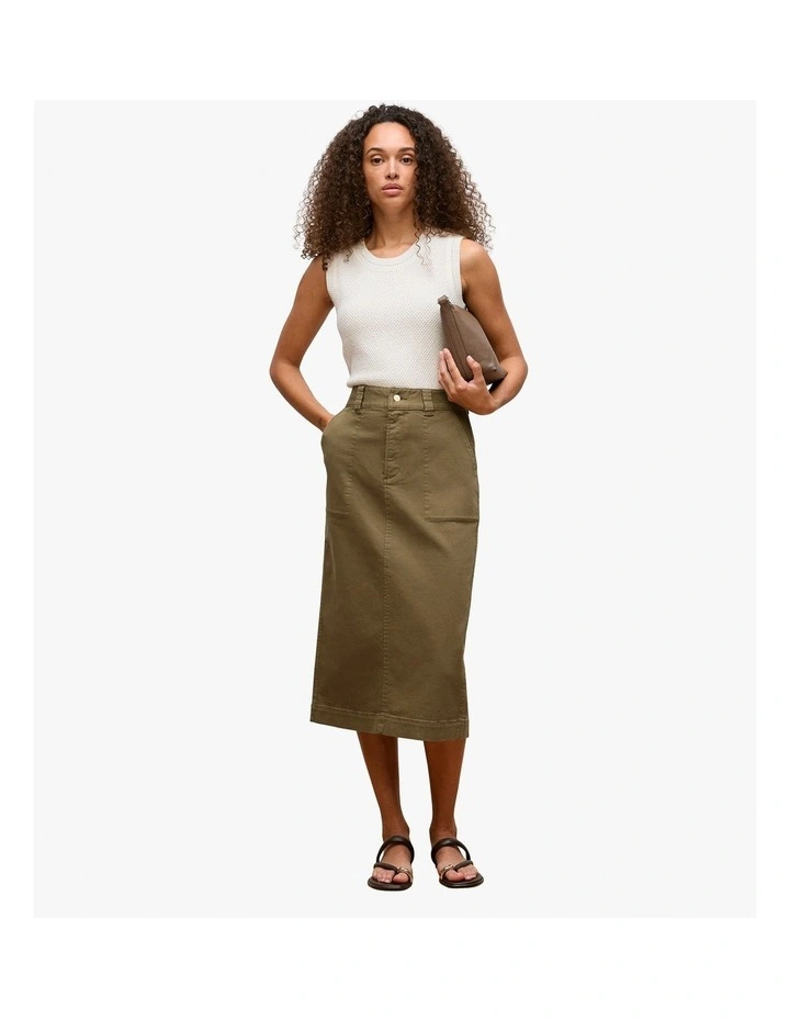 Australian Cotton Blend Denim Tailored Skirt in Dark Khaki image 2