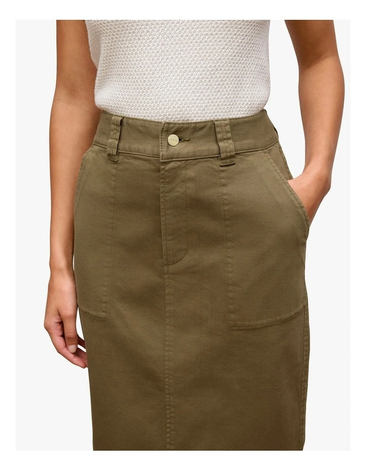 Australian Cotton Blend Denim Tailored Skirt in Dark Khaki image 3