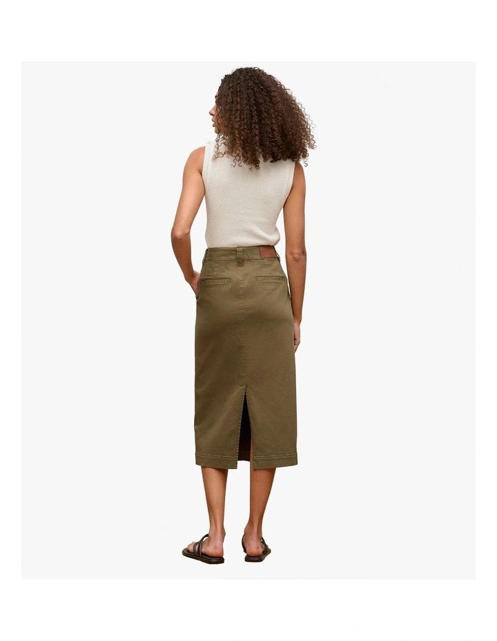 Australian Cotton Blend Denim Tailored Skirt in Dark Khaki image 4