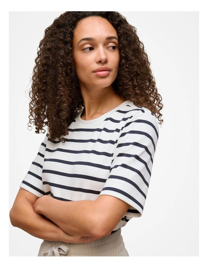 Modal Cotton Stripe Boxy Crew T-shirt in White image 3