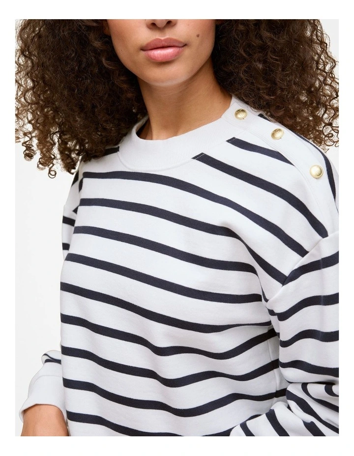 Cotton Terry Stripe Button Detail Sweat in White image 3