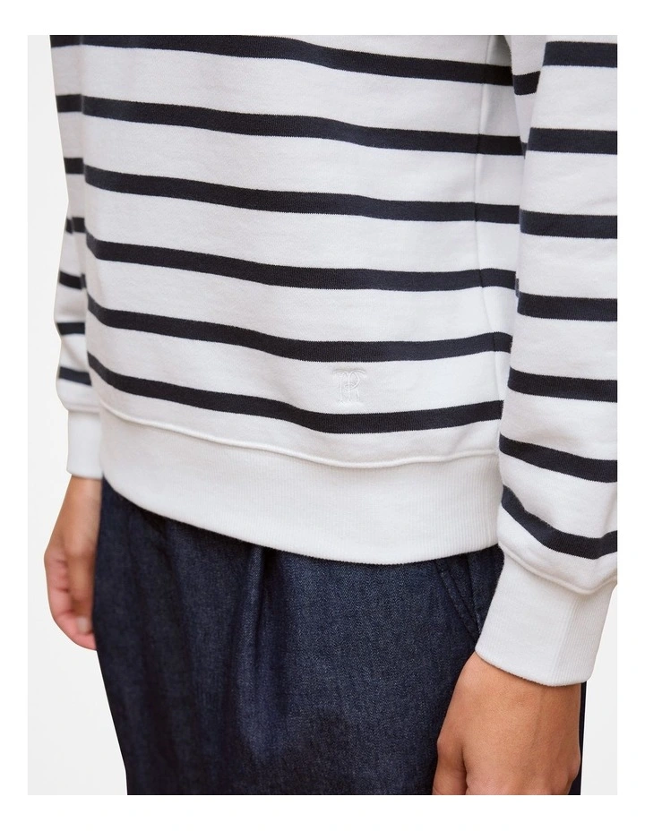 Cotton Terry Stripe Button Detail Sweat in White image 4
