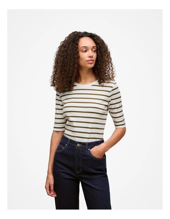 Australian Cotton Stripe Half Sleeve T-shirt in Dark Khaki image 1