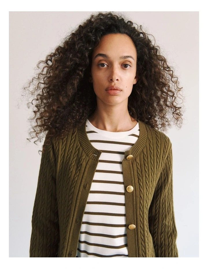 Australian Cotton Stripe Half Sleeve T-shirt in Dark Khaki image 2