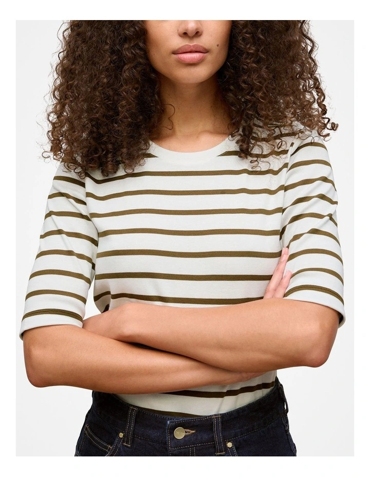 Australian Cotton Stripe Half Sleeve T-shirt in Dark Khaki image 4