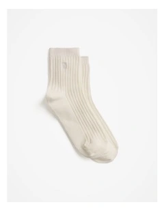 Monogram Rib 1/4 Crew Socks in White