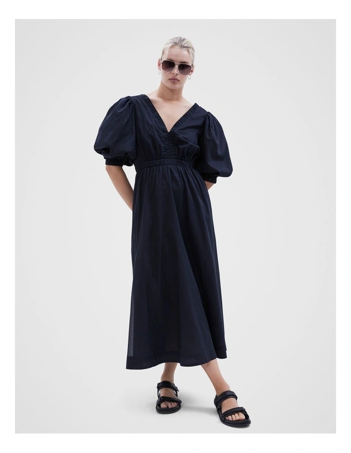 Cotton Puff Sleeve Midi Dress in Navy image 1