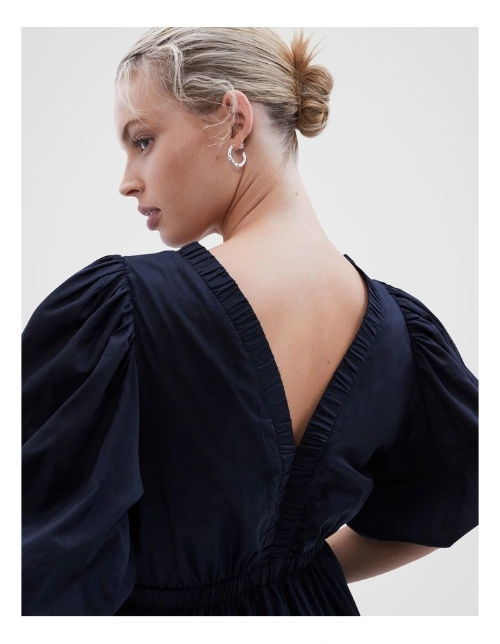 Cotton Puff Sleeve Midi Dress in Navy image 2