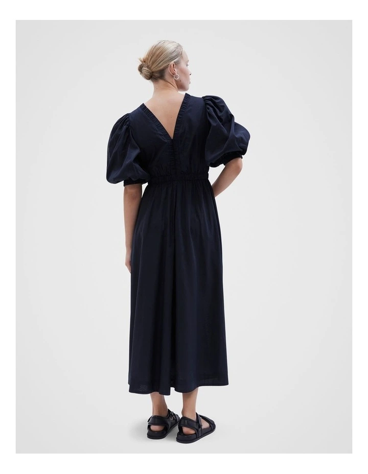Cotton Puff Sleeve Midi Dress in Navy image 3