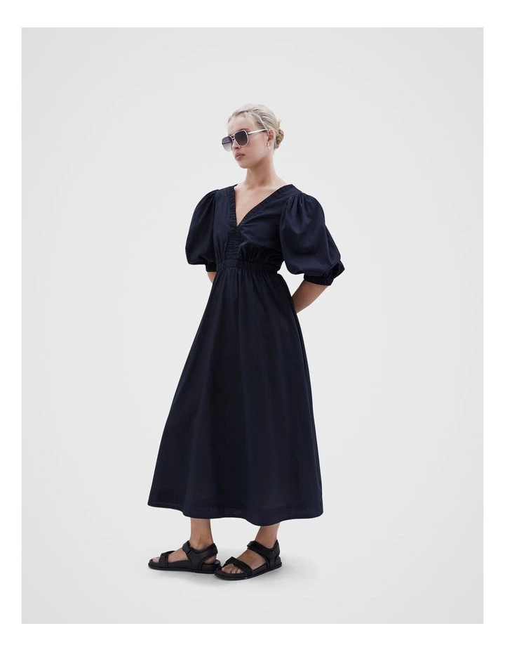 Cotton Puff Sleeve Midi Dress in Navy image 4