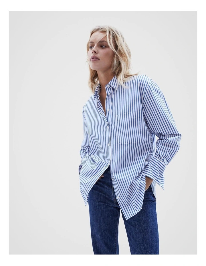 Essential Cotton Shirt in Cobalt Ecru Stripe image 1