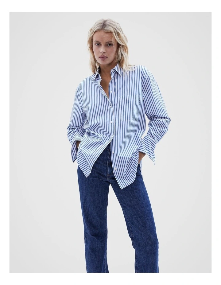 Essential Cotton Shirt in Cobalt Ecru Stripe image 2