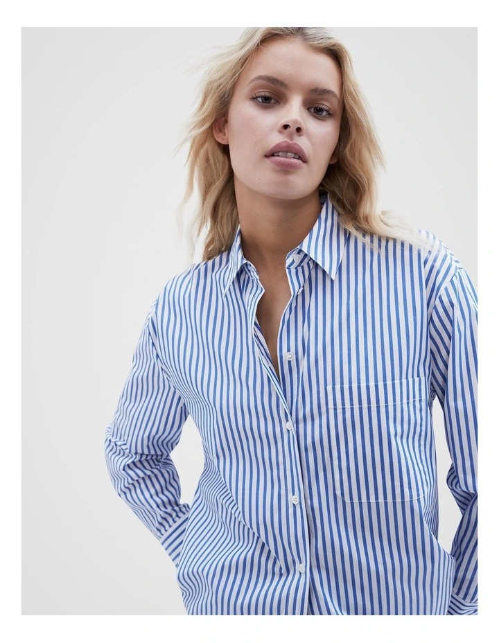 Essential Cotton Shirt in Cobalt Ecru Stripe image 4