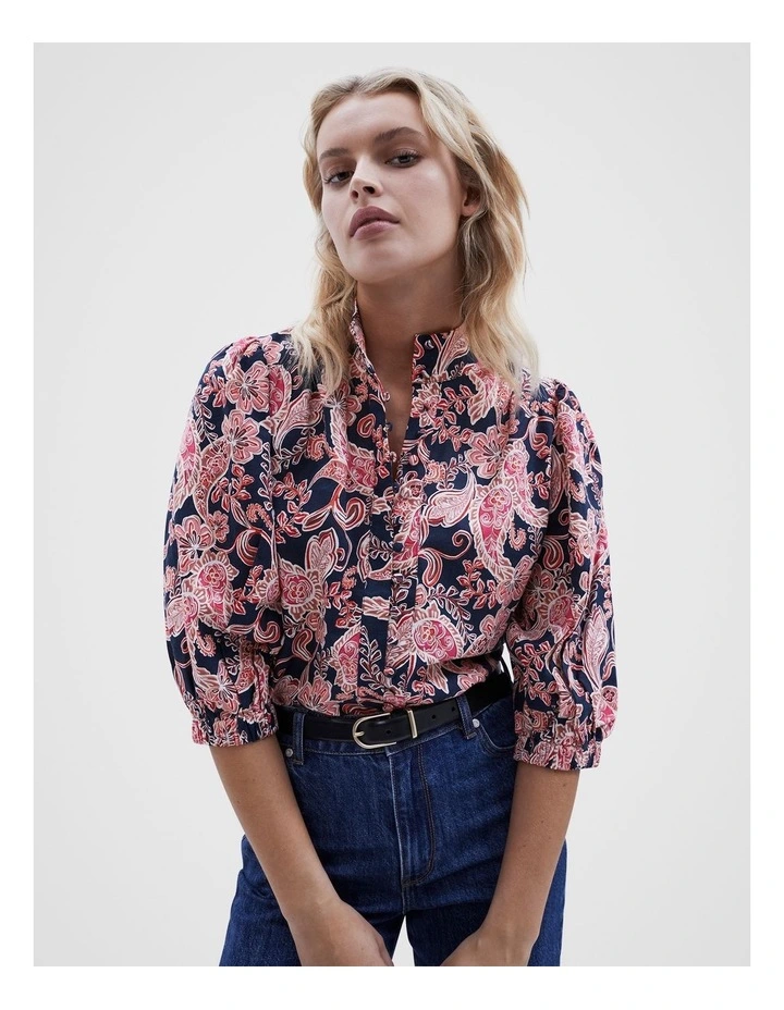 Paisley Puff Sleeve Shirt in Navy Paisley image 1