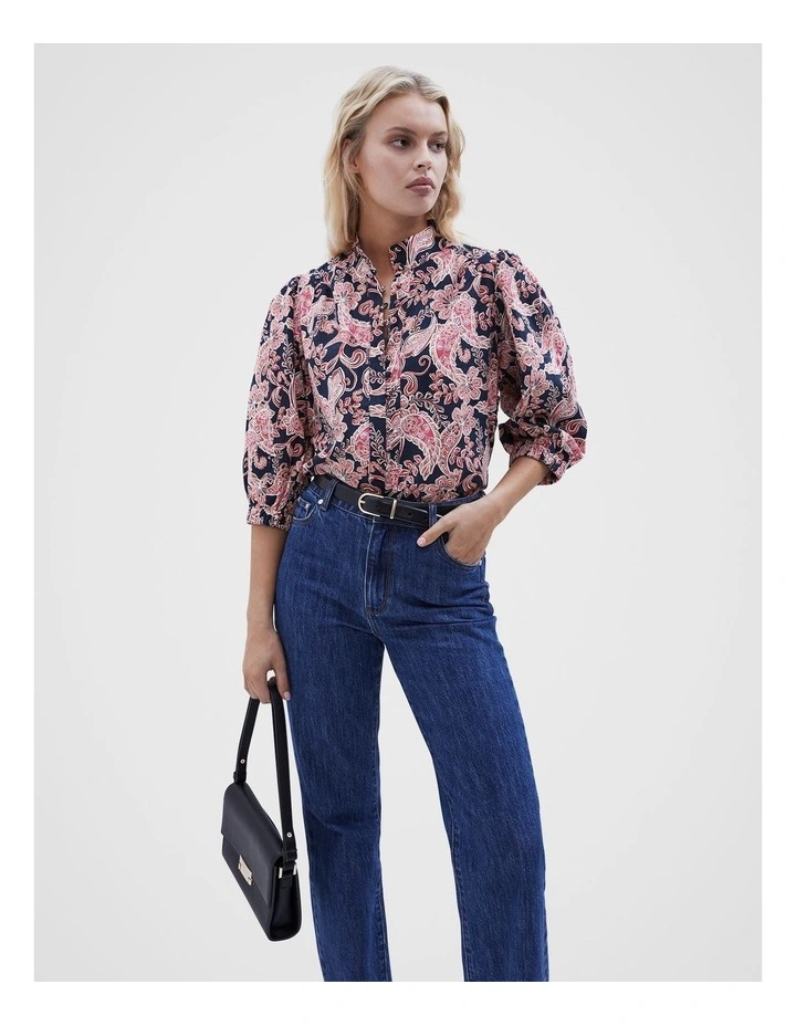 Paisley Puff Sleeve Shirt in Navy Paisley image 2