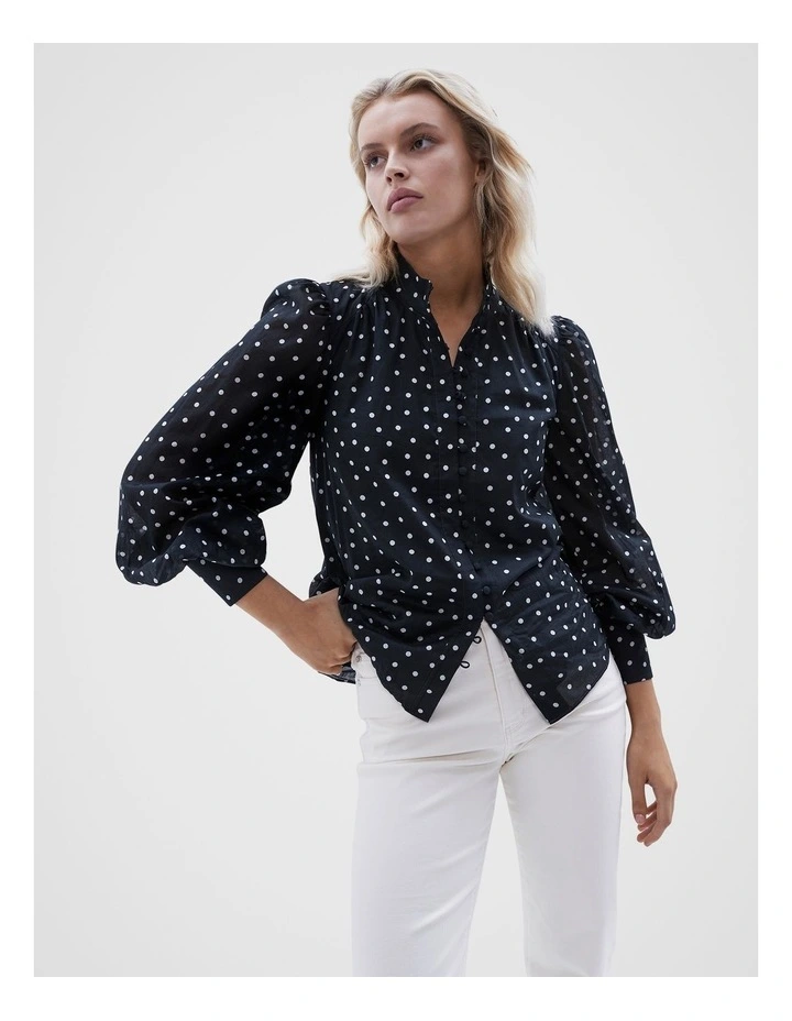 Spot Balloon Sleeve Shirt in Black Ecru Spot image 1