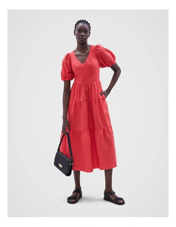V Neck Midi Dress in Hibiscus Red image 2