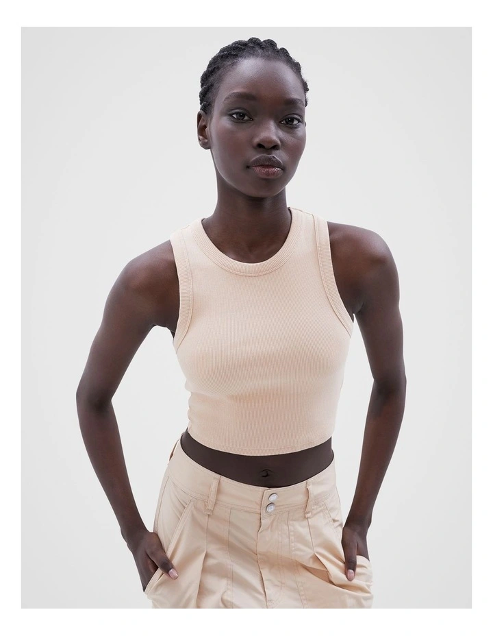 Cropped Rib Tank in Cream image 1