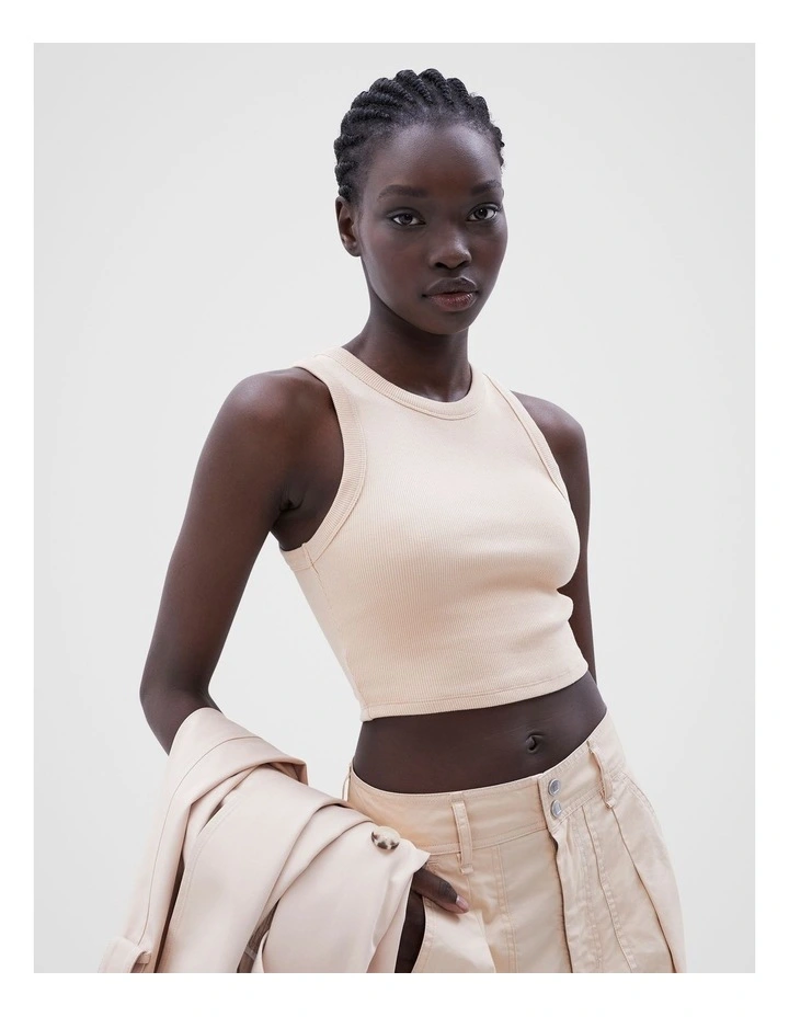 Cropped Rib Tank in Cream image 4