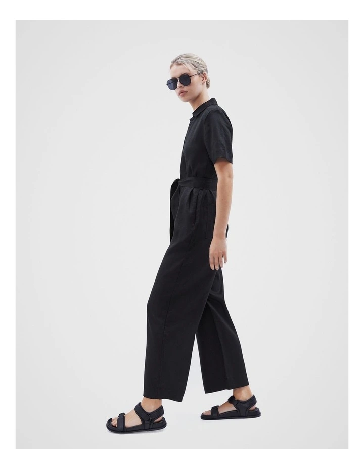 Linen Collared Jumpsuit in Black image 2
