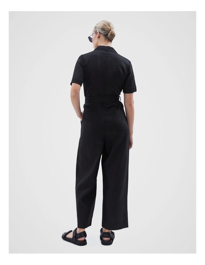 Linen Collared Jumpsuit in Black image 3