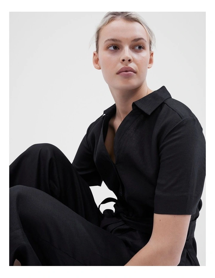 Linen Collared Jumpsuit in Black image 4
