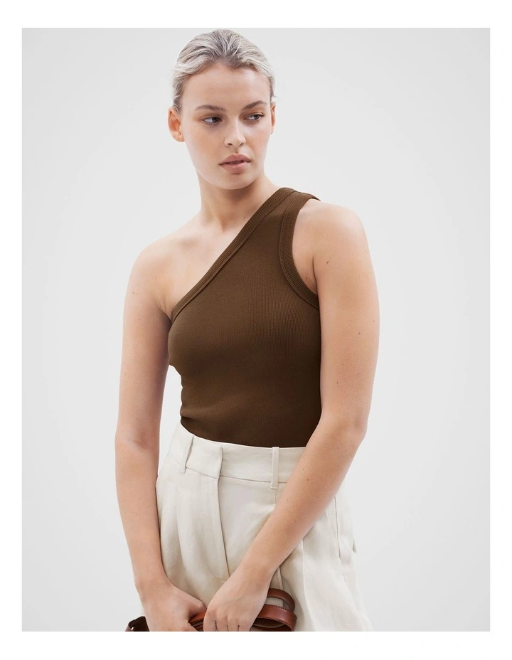 One Shoulder Ribbed Tank in Chocolate image 1