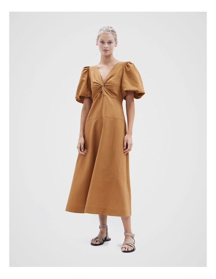 Twist Front Midi Dress in Lt Brown image 1