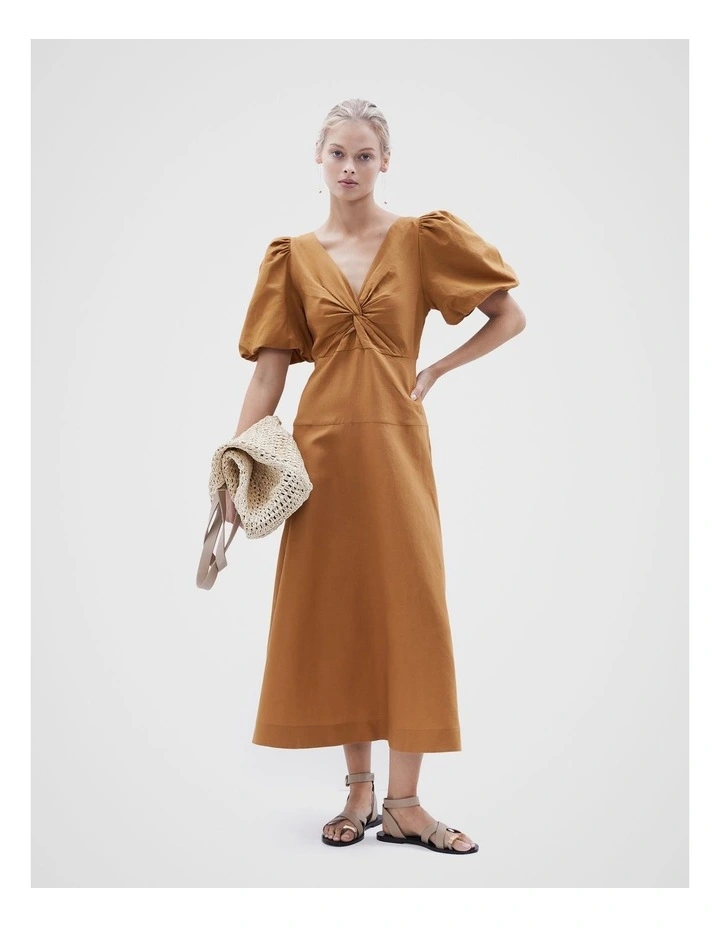 Twist Front Midi Dress in Lt Brown image 2