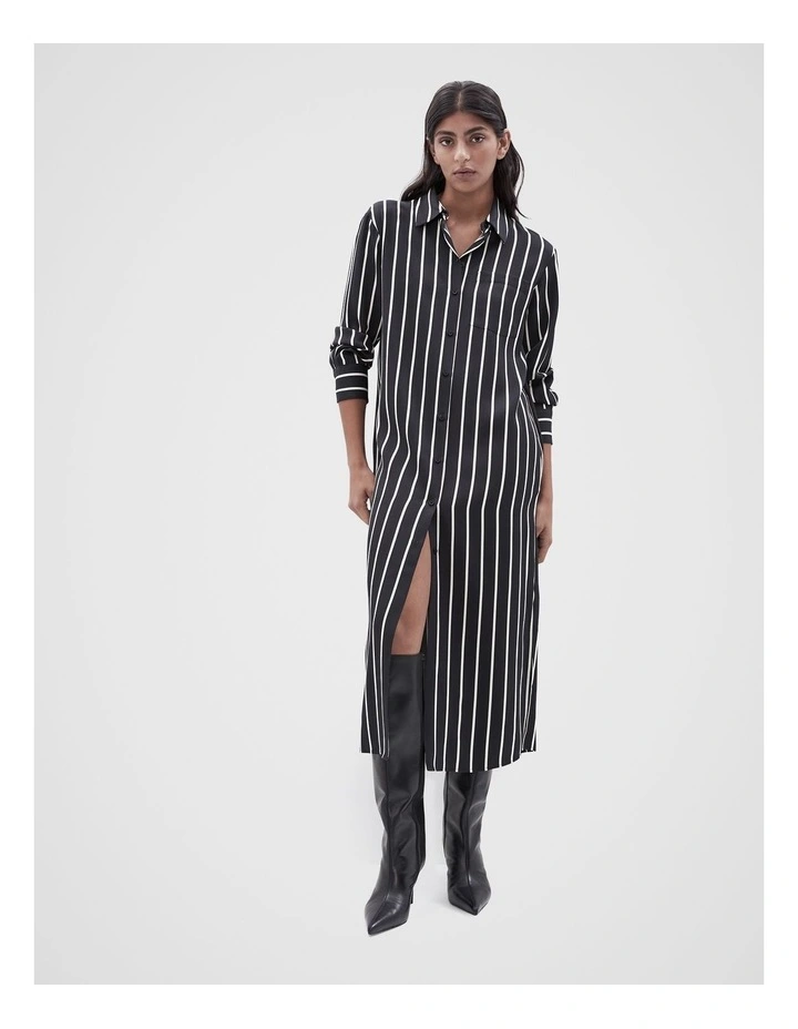 Relaxed Stripe Shirt Dress in Black image 1