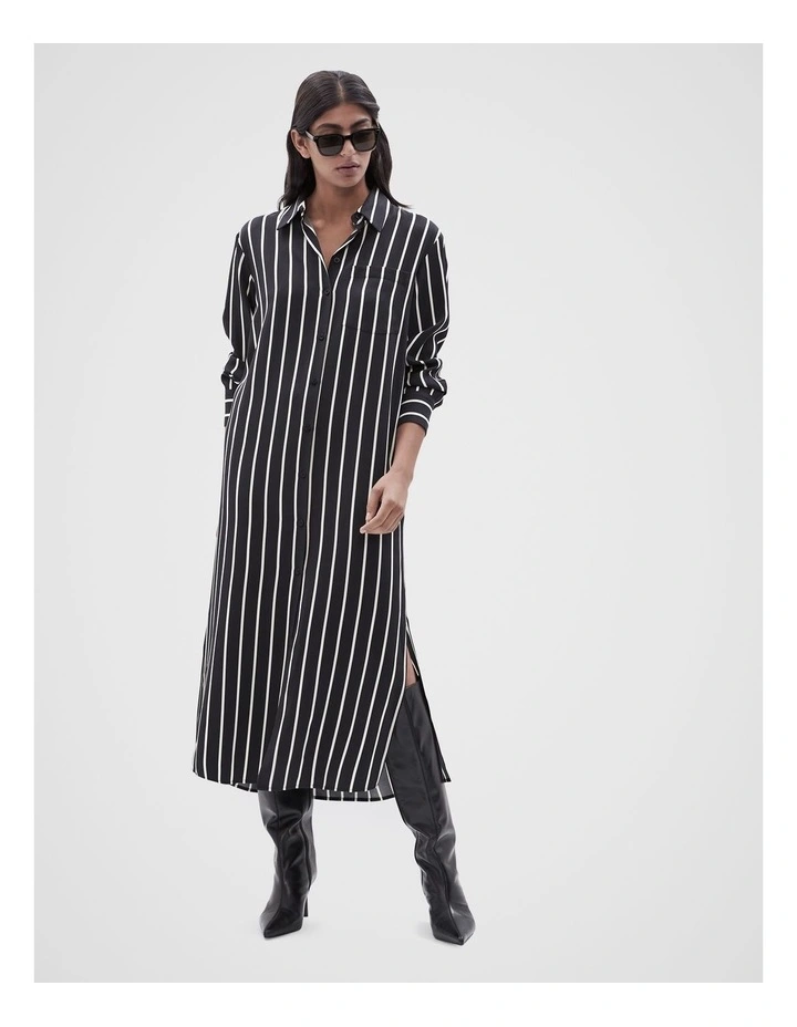 Relaxed Stripe Shirt Dress in Black image 2