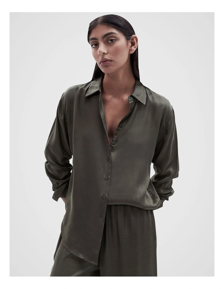 Cupro Button Through Shirt in Dark Moss image 1