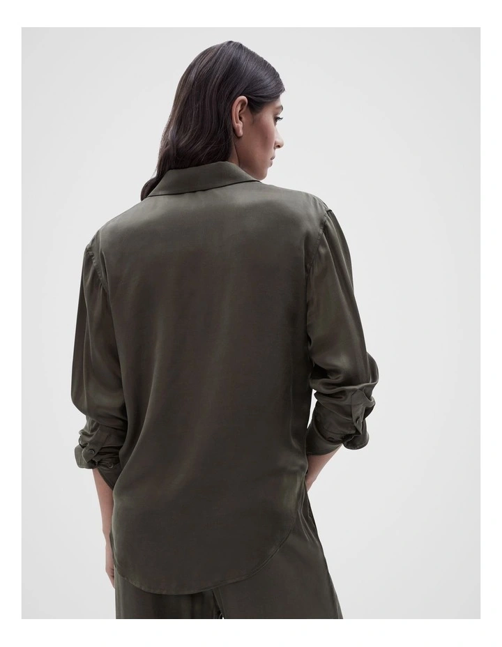 Cupro Button Through Shirt in Dark Moss image 3